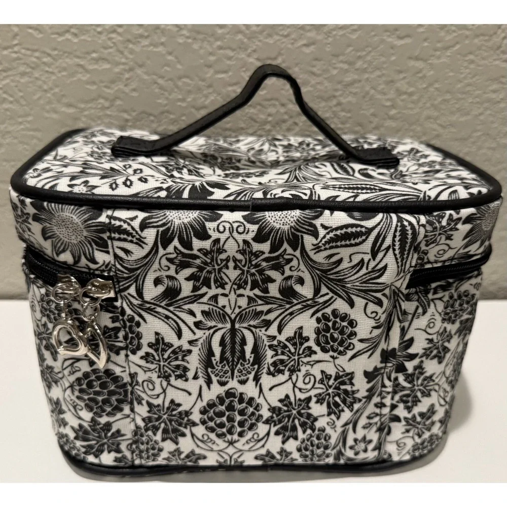 Bella Russo Makeup Bag  Black White Floral Design Zipper Closure Handle Charms